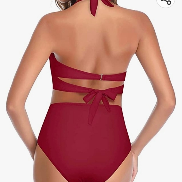 Two Piece Vintage Swimsuit Retro Halter Ruched High Waist Bikini with Bottom - Picture 5 of 11